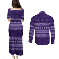 Fiji Marau na Kerisimasi Couples Matching Puletasi and Long Sleeve Button Shirt Purple Tapa Masi Inspired Christmas - Polynesian Pride