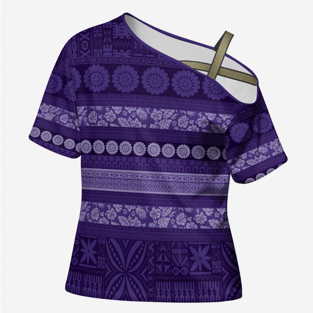 Fiji Marau na Kerisimasi Cross Shoulder Shirt Purple Tapa Masi Inspired Christmas - Polynesian Pride