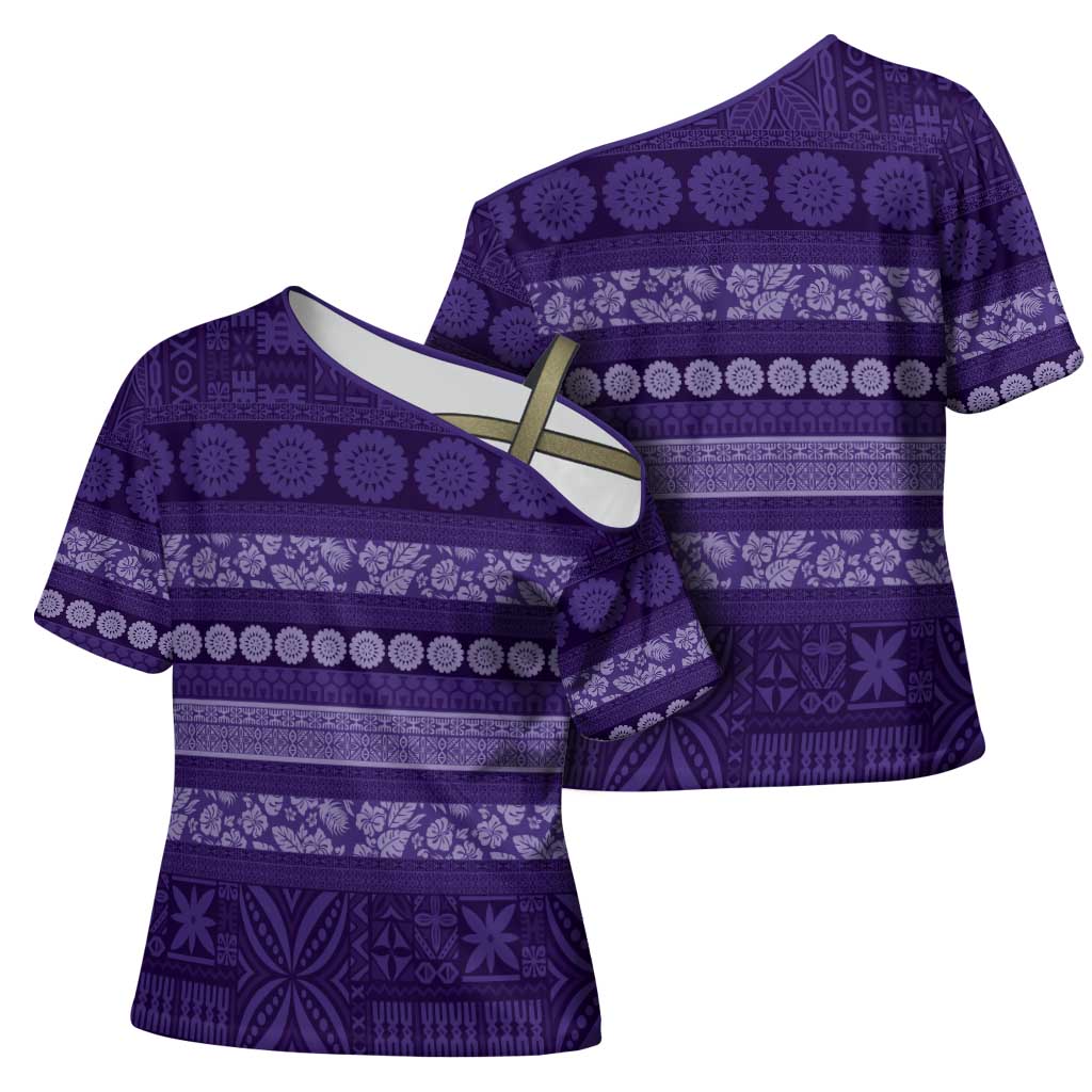 Fiji Marau na Kerisimasi Cross Shoulder Shirt Purple Tapa Masi Inspired Christmas - Polynesian Pride