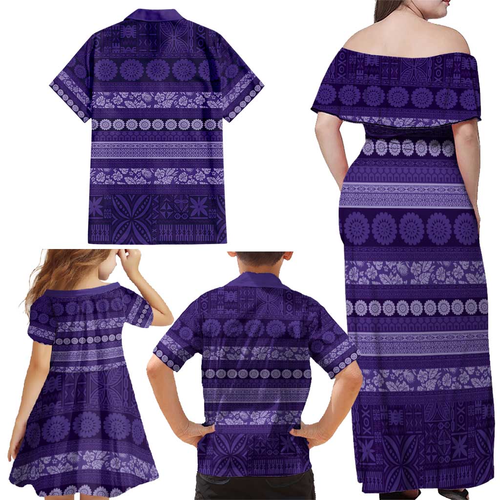 Fiji Marau na Kerisimasi Family Matching Off Shoulder Maxi Dress and Hawaiian Shirt Purple Tapa Masi Inspired Christmas - Polynesian Pride