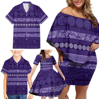 Fiji Marau na Kerisimasi Family Matching Off Shoulder Short Dress and Hawaiian Shirt Purple Tapa Masi Inspired Christmas - Polynesian Pride