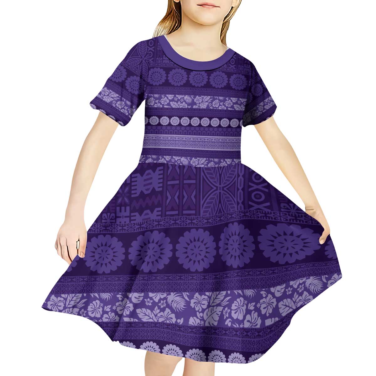 Fiji Marau na Kerisimasi Kid Short Sleeve Dress Purple Tapa Masi Inspired Christmas - Polynesian Pride