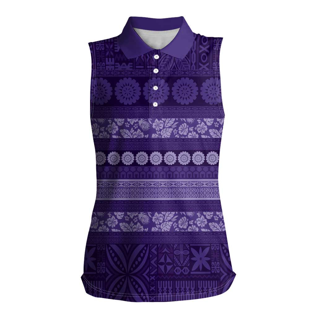 Fiji Marau na Kerisimasi Women Sleeveless Polo Shirt Purple Tapa Masi Inspired Christmas - Polynesian Pride