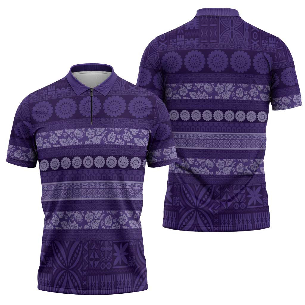 Fiji Marau na Kerisimasi Zipper Polo Shirt Purple Tapa Masi Inspired Christmas - Polynesian Pride