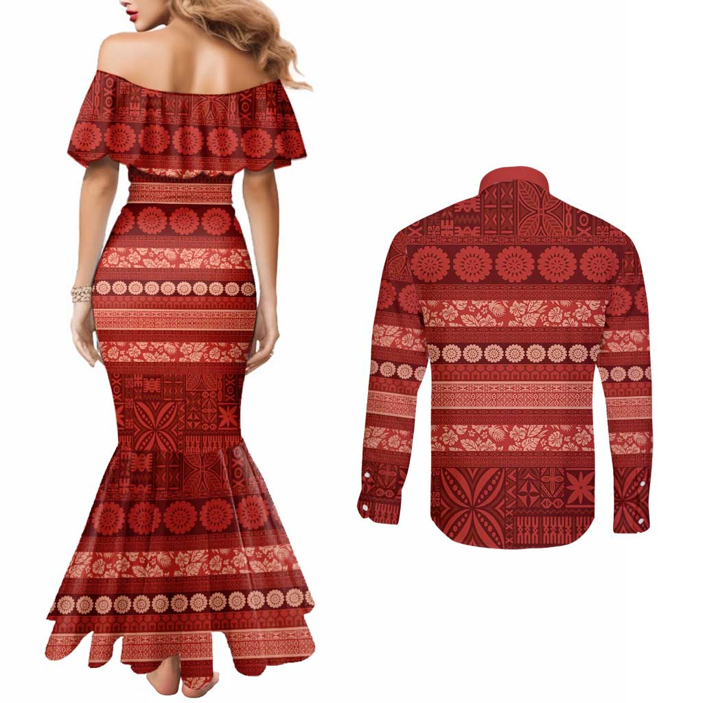 Fiji Marau na Kerisimasi Couples Matching Mermaid Dress and Long Sleeve Button Shirt Red Tapa Masi Inspired Christmas - Polynesian Pride