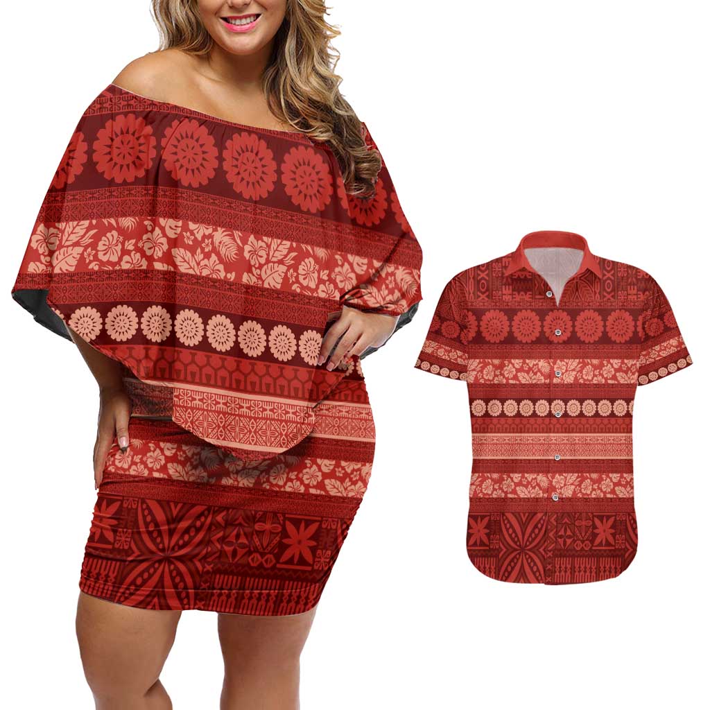 Fiji Marau na Kerisimasi Couples Matching Off Shoulder Short Dress and Hawaiian Shirt Red Tapa Masi Inspired Christmas - Polynesian Pride
