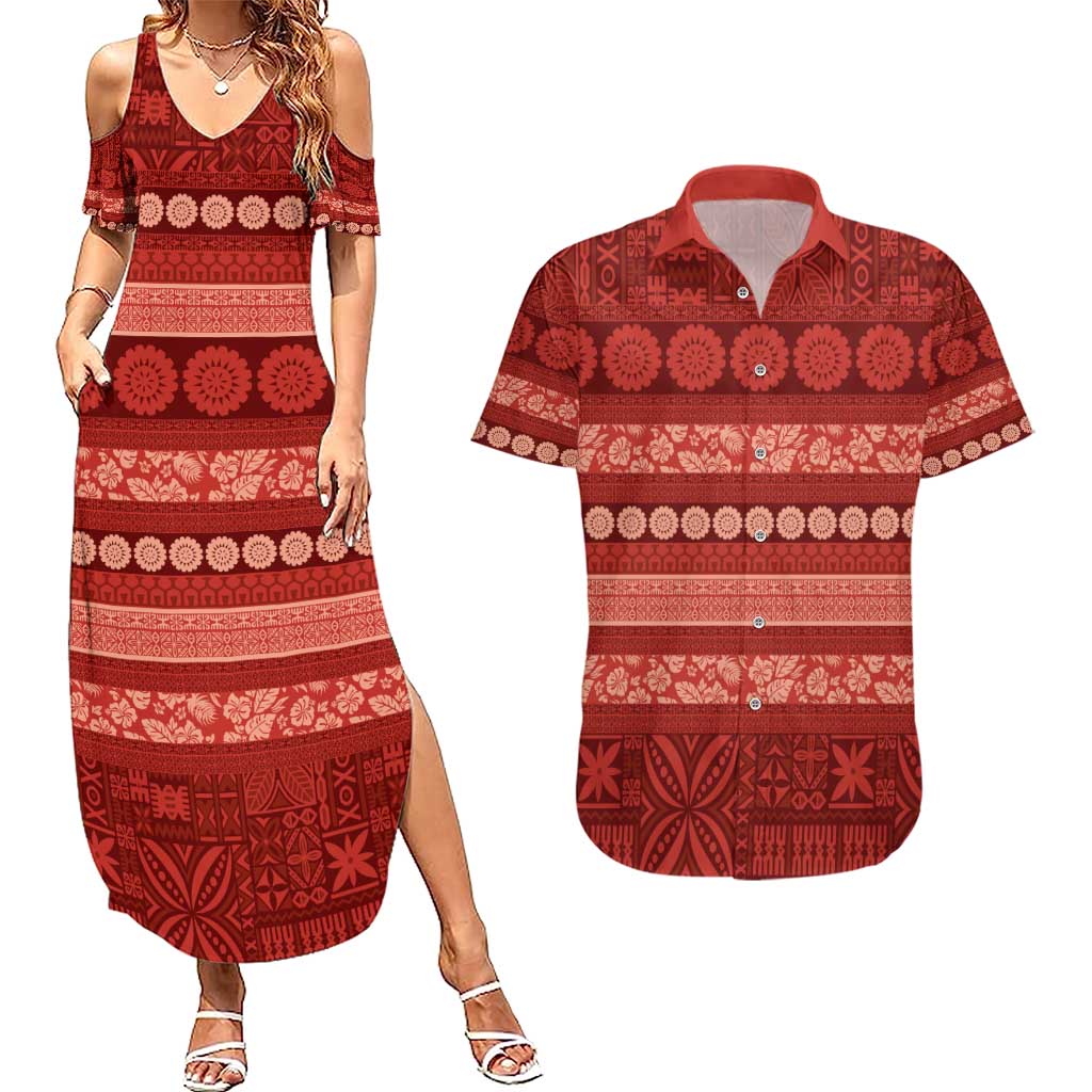Fiji Marau na Kerisimasi Couples Matching Summer Maxi Dress and Hawaiian Shirt Red Tapa Masi Inspired Christmas - Polynesian Pride