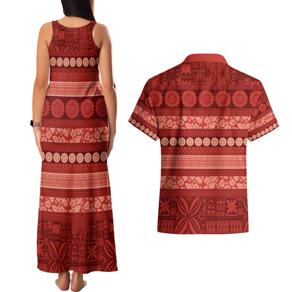 Fiji Marau na Kerisimasi Couples Matching Tank Maxi Dress and Hawaiian Shirt Red Tapa Masi Inspired Christmas - Polynesian Pride