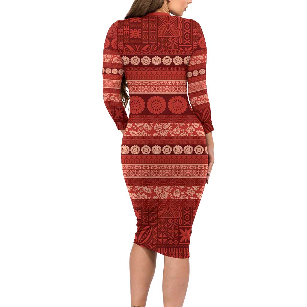 Fiji Marau na Kerisimasi Family Matching Long Sleeve Bodycon Dress and Hawaiian Shirt Red Tapa Masi Inspired Christmas - Polynesian Pride