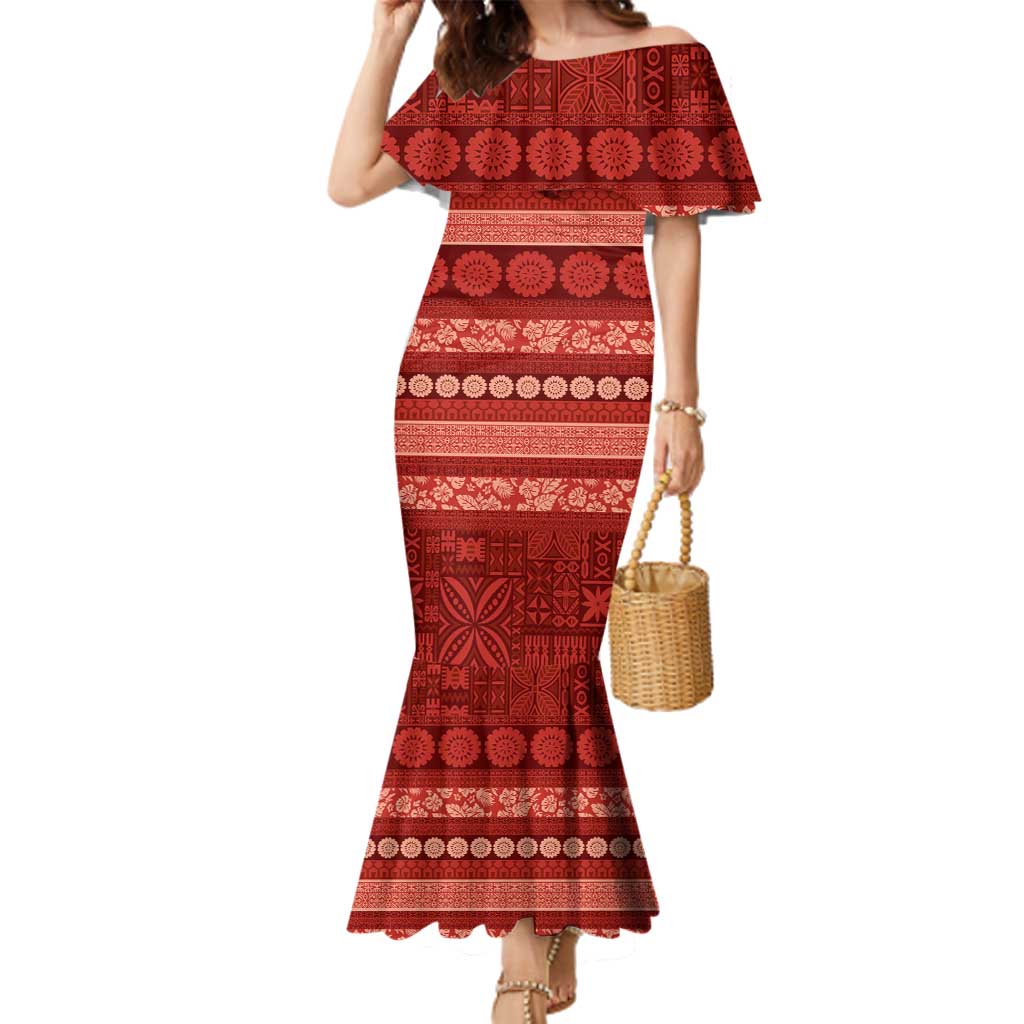 Fiji Marau na Kerisimasi Family Matching Mermaid Dress and Hawaiian Shirt Red Tapa Masi Inspired Christmas - Polynesian Pride