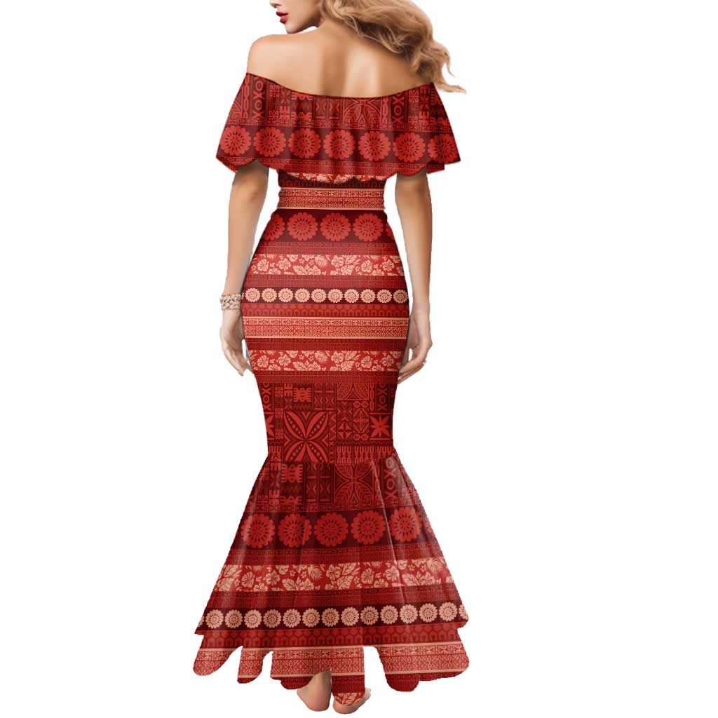 Fiji Marau na Kerisimasi Family Matching Mermaid Dress and Hawaiian Shirt Red Tapa Masi Inspired Christmas - Polynesian Pride