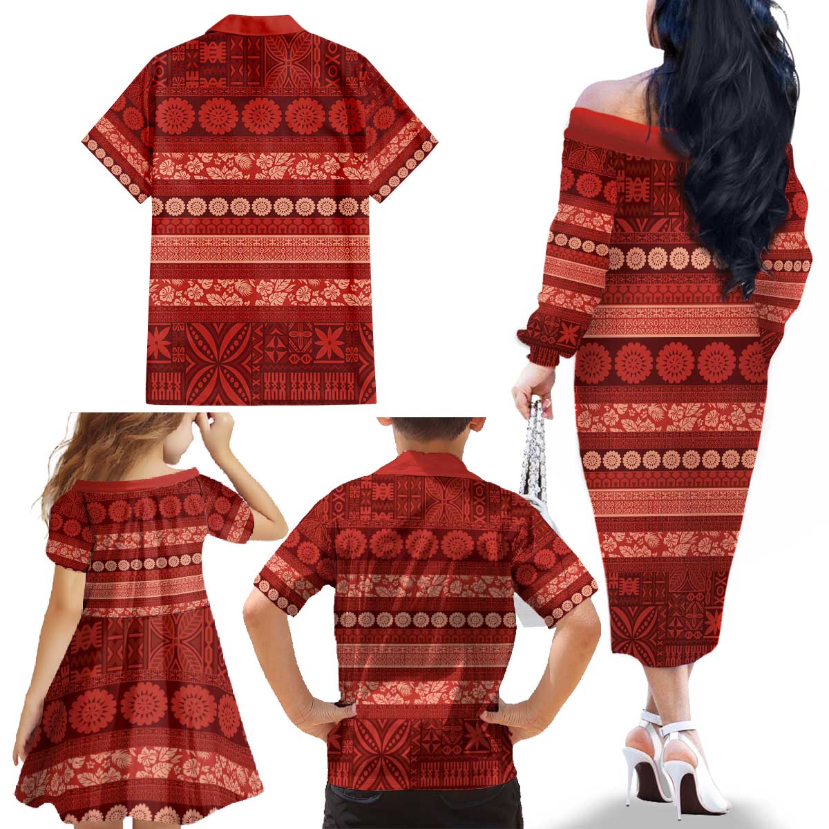 Fiji Marau na Kerisimasi Family Matching Off The Shoulder Long Sleeve Dress and Hawaiian Shirt Red Tapa Masi Inspired Christmas - Polynesian Pride