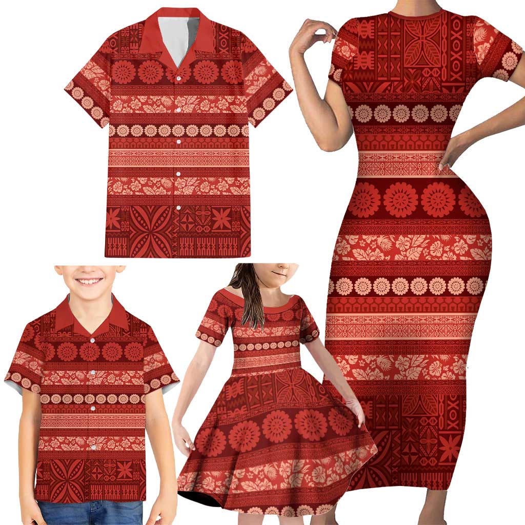 Fiji Marau na Kerisimasi Family Matching Short Sleeve Bodycon Dress and Hawaiian Shirt Red Tapa Masi Inspired Christmas - Polynesian Pride