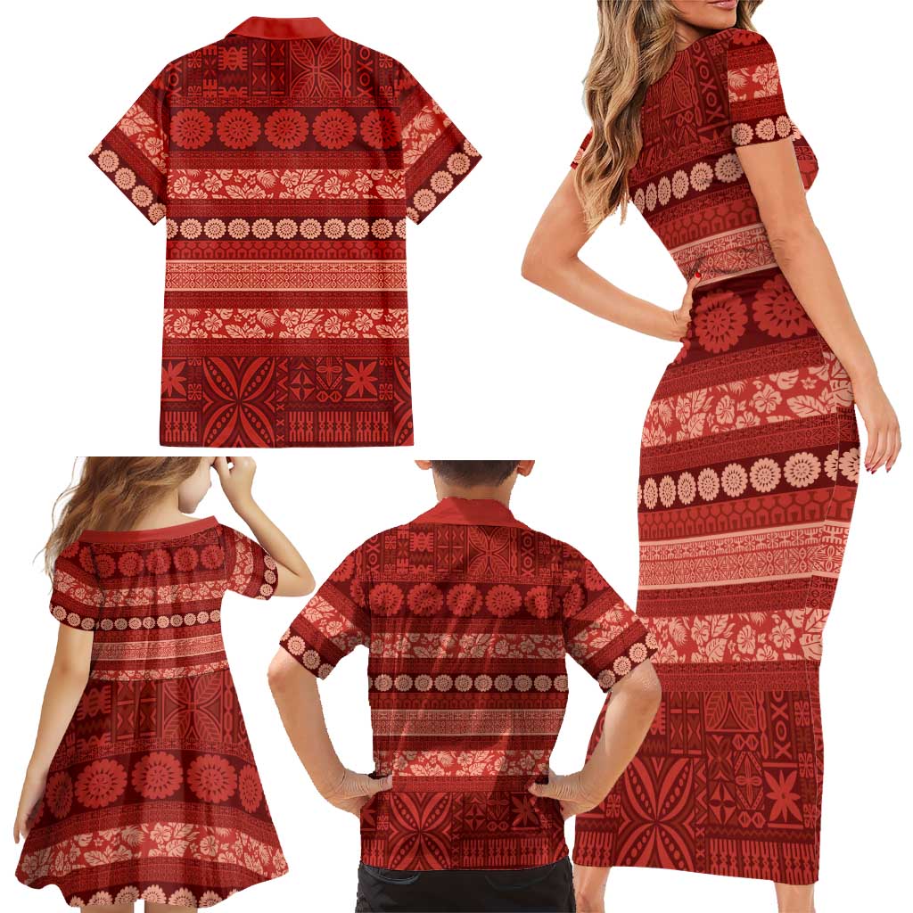 Fiji Marau na Kerisimasi Family Matching Short Sleeve Bodycon Dress and Hawaiian Shirt Red Tapa Masi Inspired Christmas - Polynesian Pride