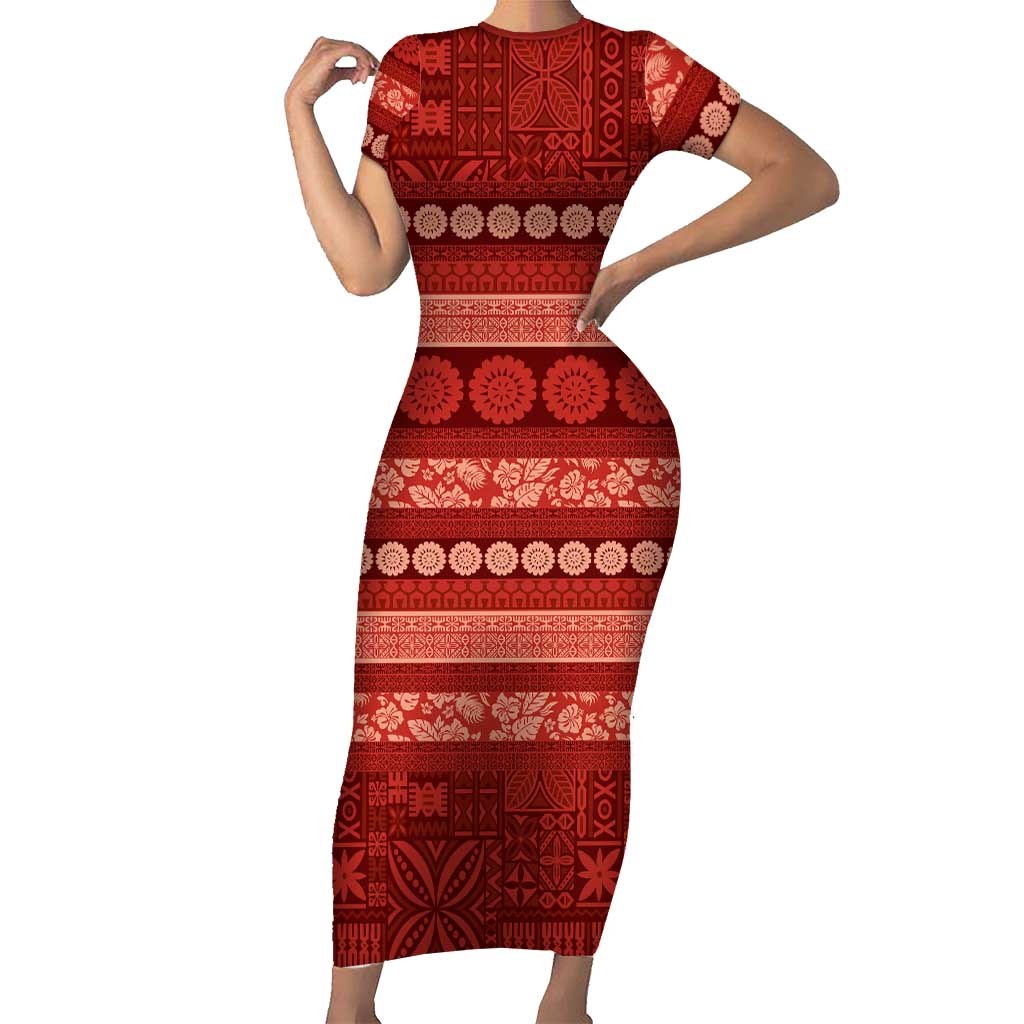 Fiji Marau na Kerisimasi Family Matching Short Sleeve Bodycon Dress and Hawaiian Shirt Red Tapa Masi Inspired Christmas - Polynesian Pride