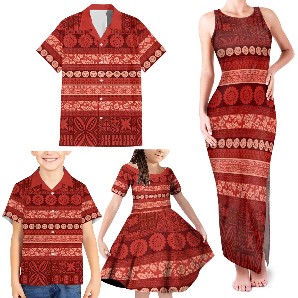 Fiji Marau na Kerisimasi Family Matching Tank Maxi Dress and Hawaiian Shirt Red Tapa Masi Inspired Christmas - Polynesian Pride