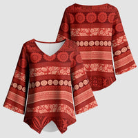 Fiji Marau na Kerisimasi Kimono Sleeve Blouse Red Tapa Masi Inspired Christmas - Polynesian Pride