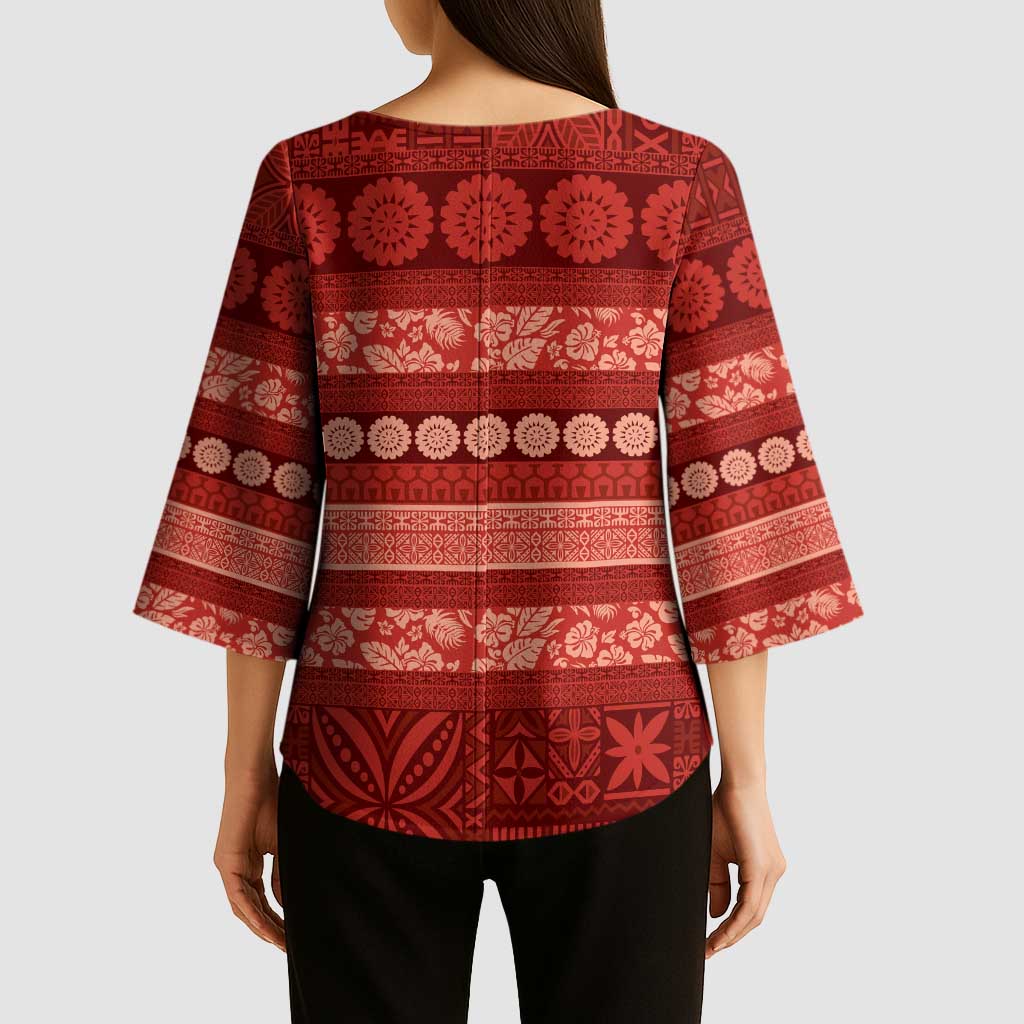 Fiji Marau na Kerisimasi Kimono Sleeve Blouse Red Tapa Masi Inspired Christmas - Polynesian Pride