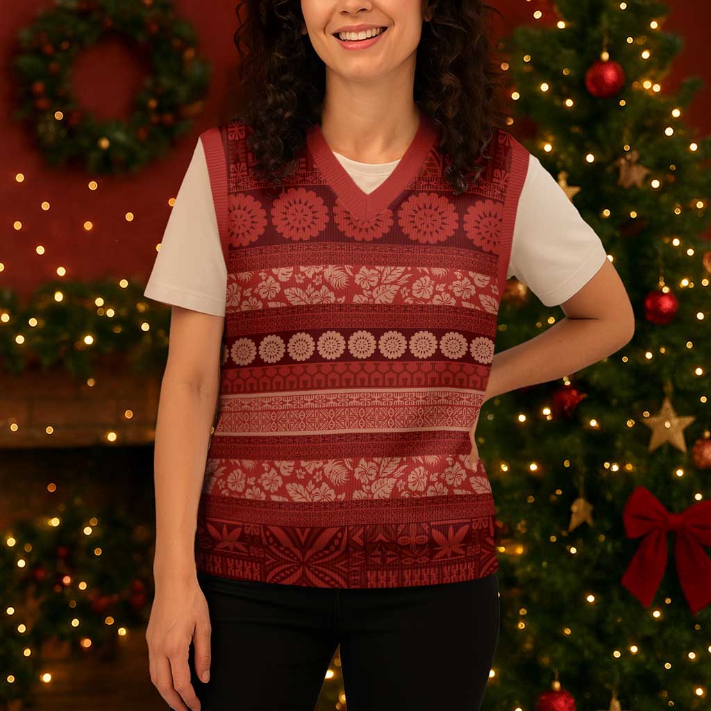 Fiji Marau na Kerisimasi Christmas Knitted V-Neck Vest Red Tapa Masi Inspired Christmas - Polynesian Pride