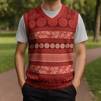 Fiji Marau na Kerisimasi Christmas Knitted V-Neck Vest Red Tapa Masi Inspired Christmas - Polynesian Pride