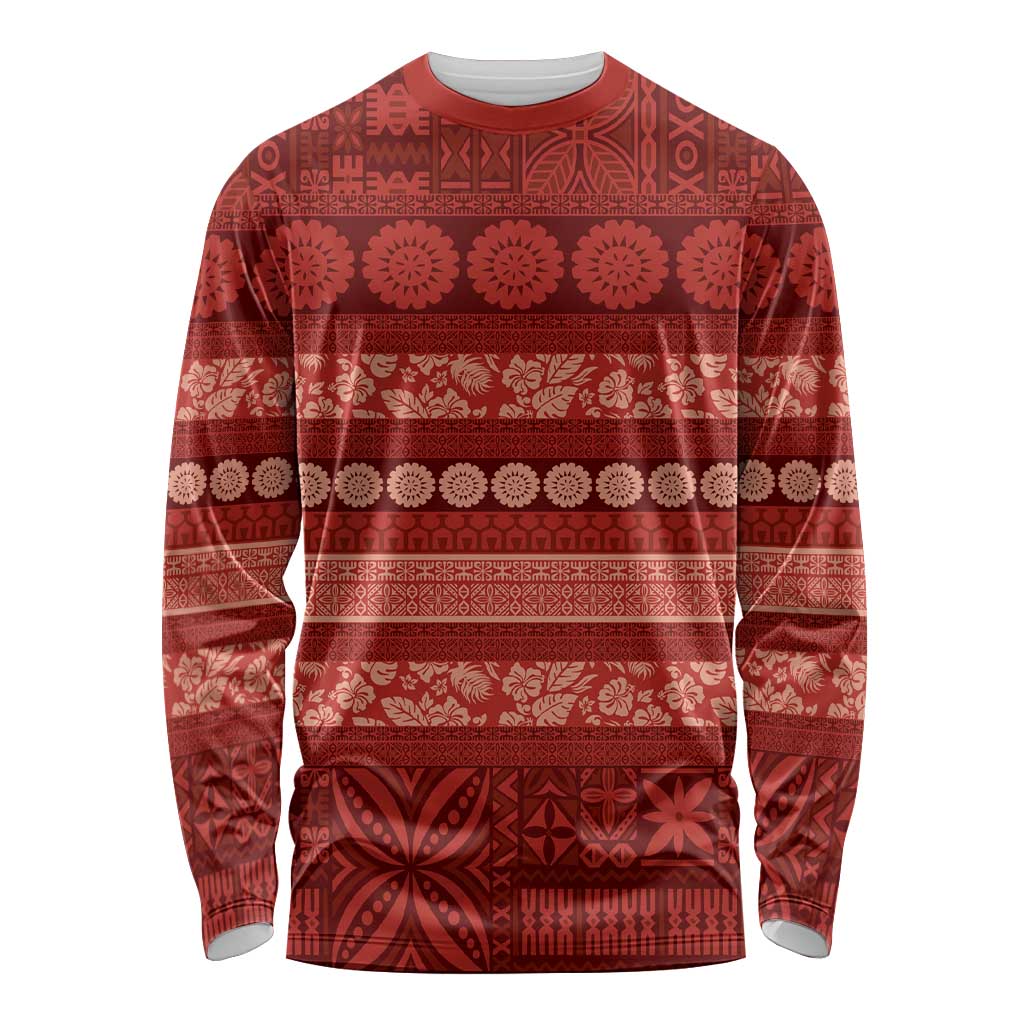 Fiji Marau na Kerisimasi Long Sleeve Shirt Red Tapa Masi Inspired Christmas - Polynesian Pride