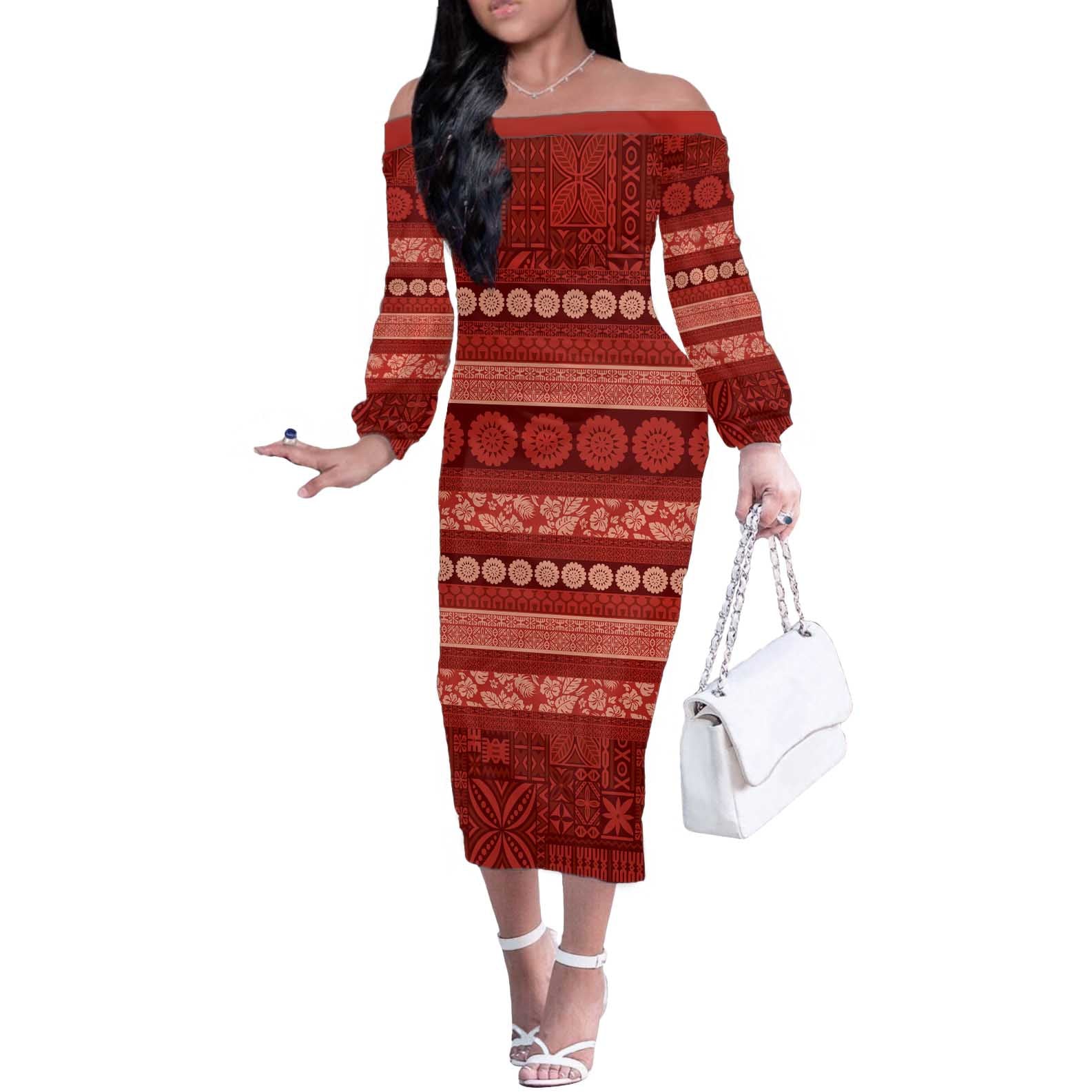 Fiji Marau na Kerisimasi Off The Shoulder Long Sleeve Dress Red Tapa Masi Inspired Christmas - Polynesian Pride