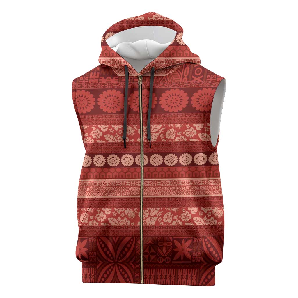 Fiji Marau na Kerisimasi Sleeveless Zip Hoodie Red Tapa Masi Inspired Christmas - Polynesian Pride