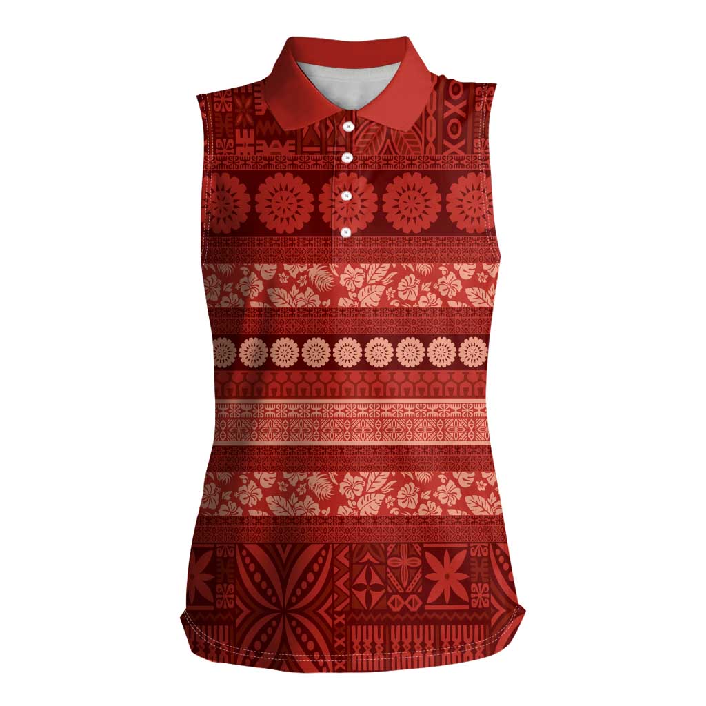 Fiji Marau na Kerisimasi Women Sleeveless Polo Shirt Red Tapa Masi Inspired Christmas - Polynesian Pride