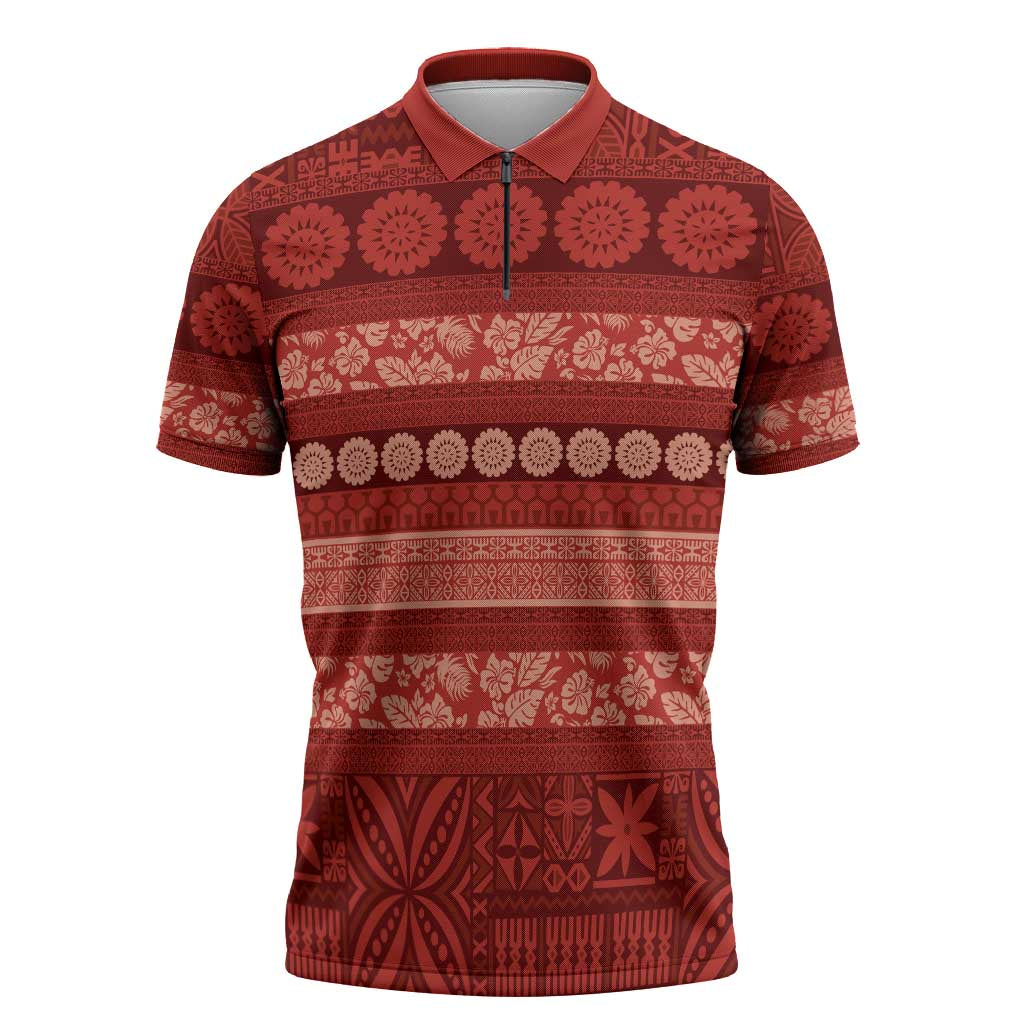 Fiji Marau na Kerisimasi Zipper Polo Shirt Red Tapa Masi Inspired Christmas - Polynesian Pride