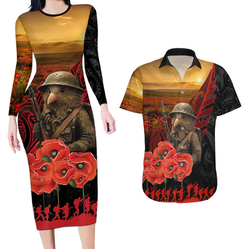 Maori Kiwi Soldier Fern Tattoo ANZAC Day Couples Matching Long Sleeve Bodycon Dress and Hawaiian Shirt Lest We Forget