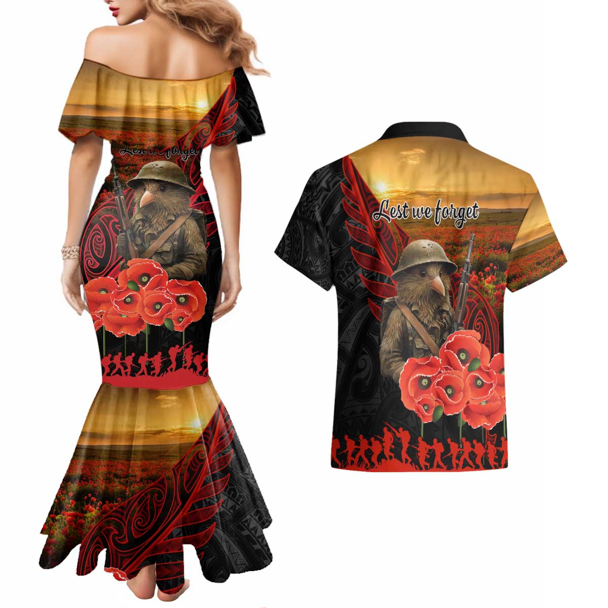 Maori Kiwi Soldier Fern Tattoo ANZAC Day Couples Matching Mermaid Dress and Hawaiian Shirt Lest We Forget