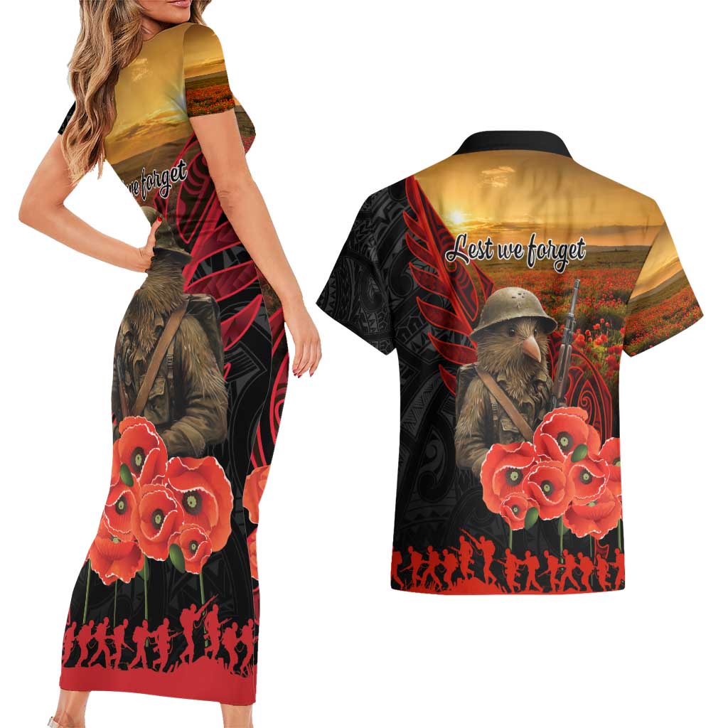Maori Kiwi Soldier Fern Tattoo ANZAC Day Couples Matching Short Sleeve Bodycon Dress and Hawaiian Shirt Lest We Forget