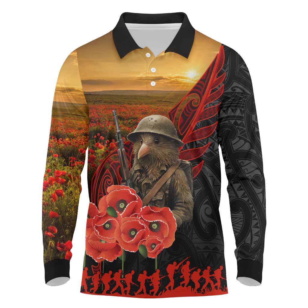 Maori Kiwi Soldier Fern Tattoo ANZAC Day Long Sleeve Polo Shirt Lest We Forget