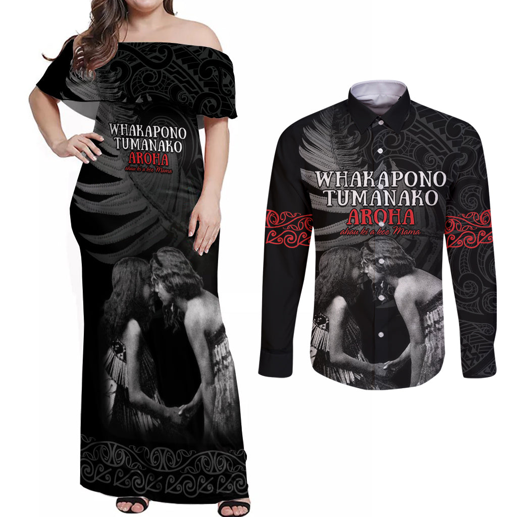 New Zealand Mother's Day Couples Matching Off Shoulder Maxi Dress and Long Sleeve Button Shirt Maori Hongi Aroha Ahau Ki A Koe Mama