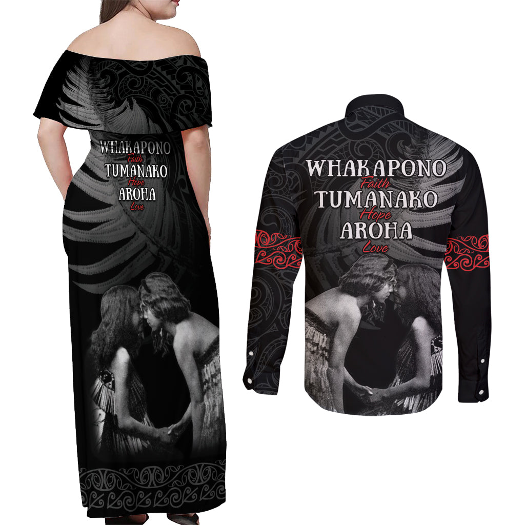 New Zealand Mother's Day Couples Matching Off Shoulder Maxi Dress and Long Sleeve Button Shirt Maori Hongi Aroha Ahau Ki A Koe Mama