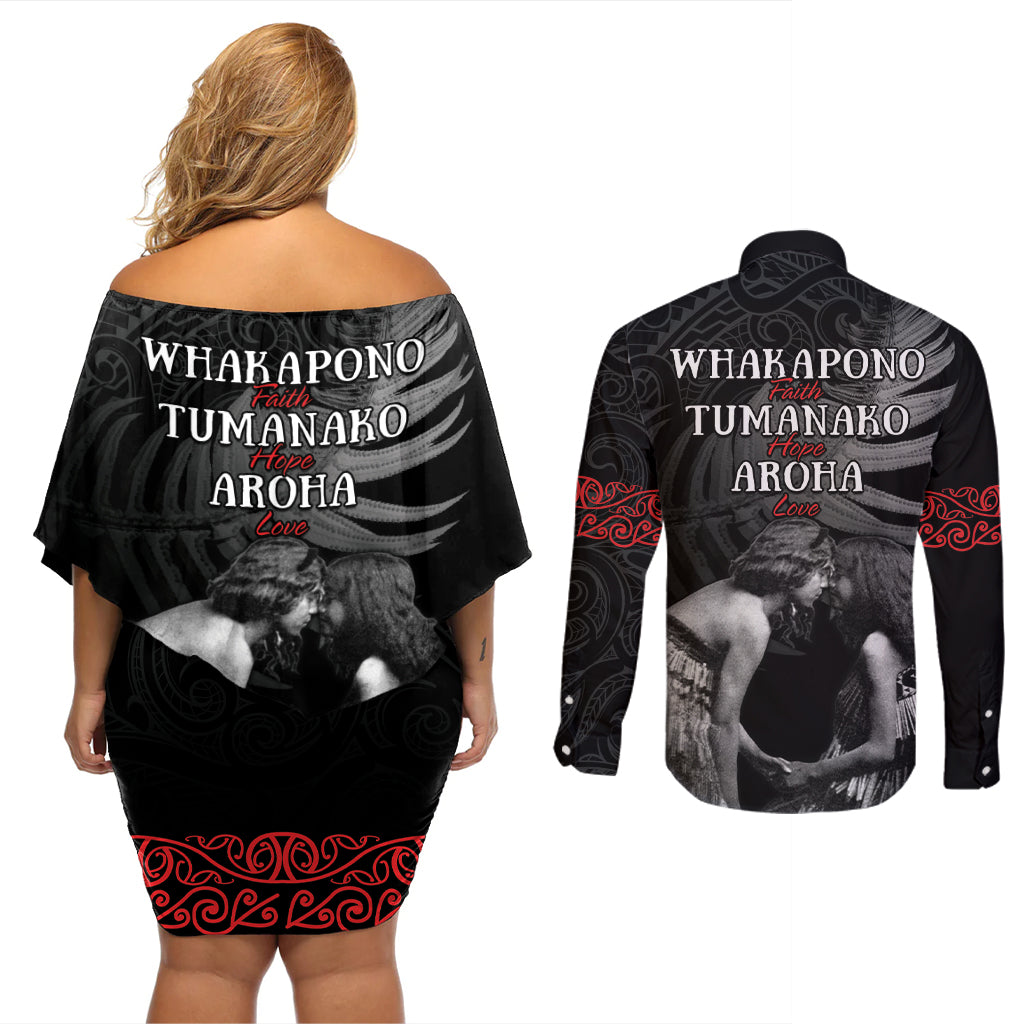 New Zealand Mother's Day Couples Matching Off Shoulder Short Dress and Long Sleeve Button Shirt Maori Hongi Aroha Ahau Ki A Koe Mama