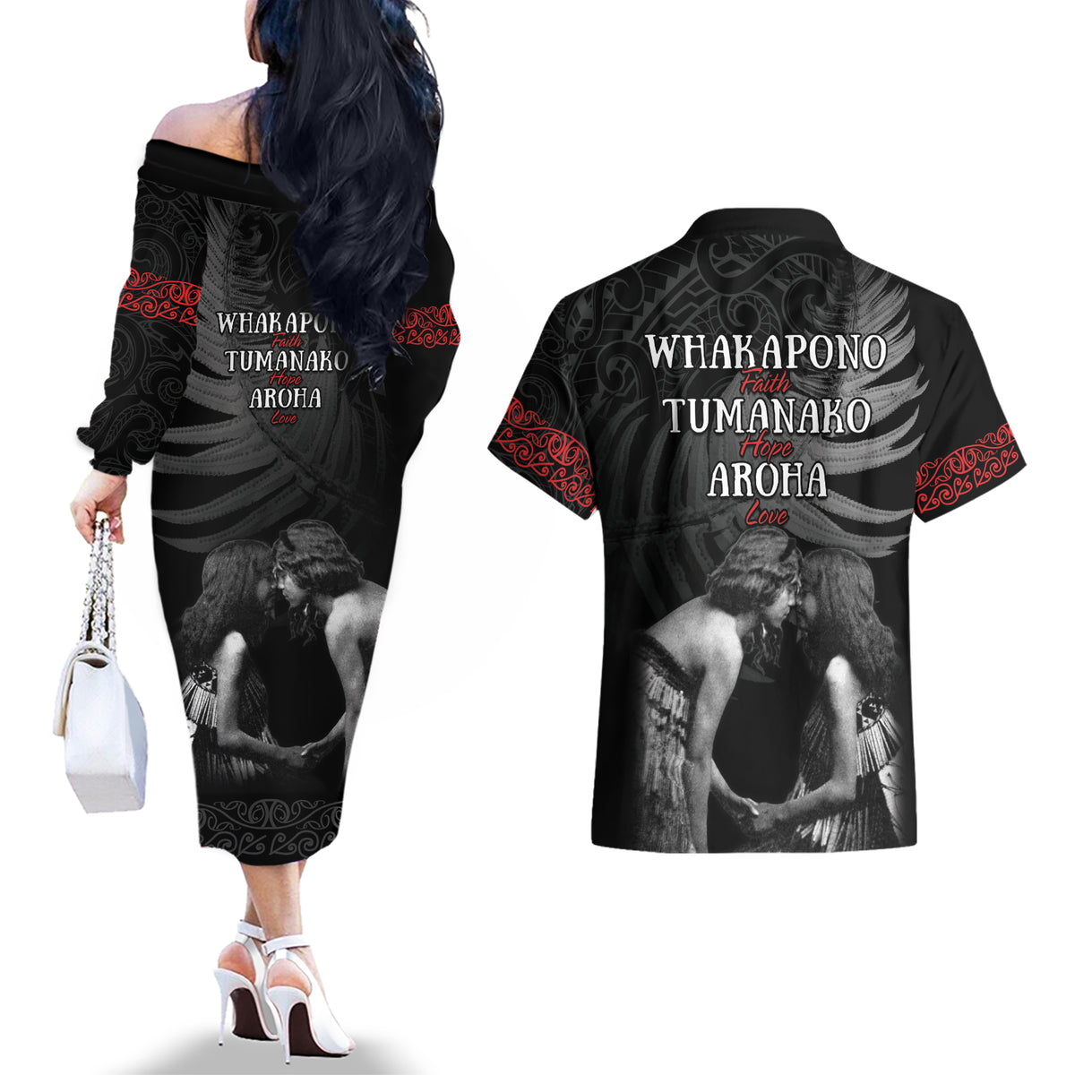 New Zealand Mother's Day Couples Matching Off The Shoulder Long Sleeve Dress and Hawaiian Shirt Maori Hongi Aroha Ahau Ki A Koe Mama
