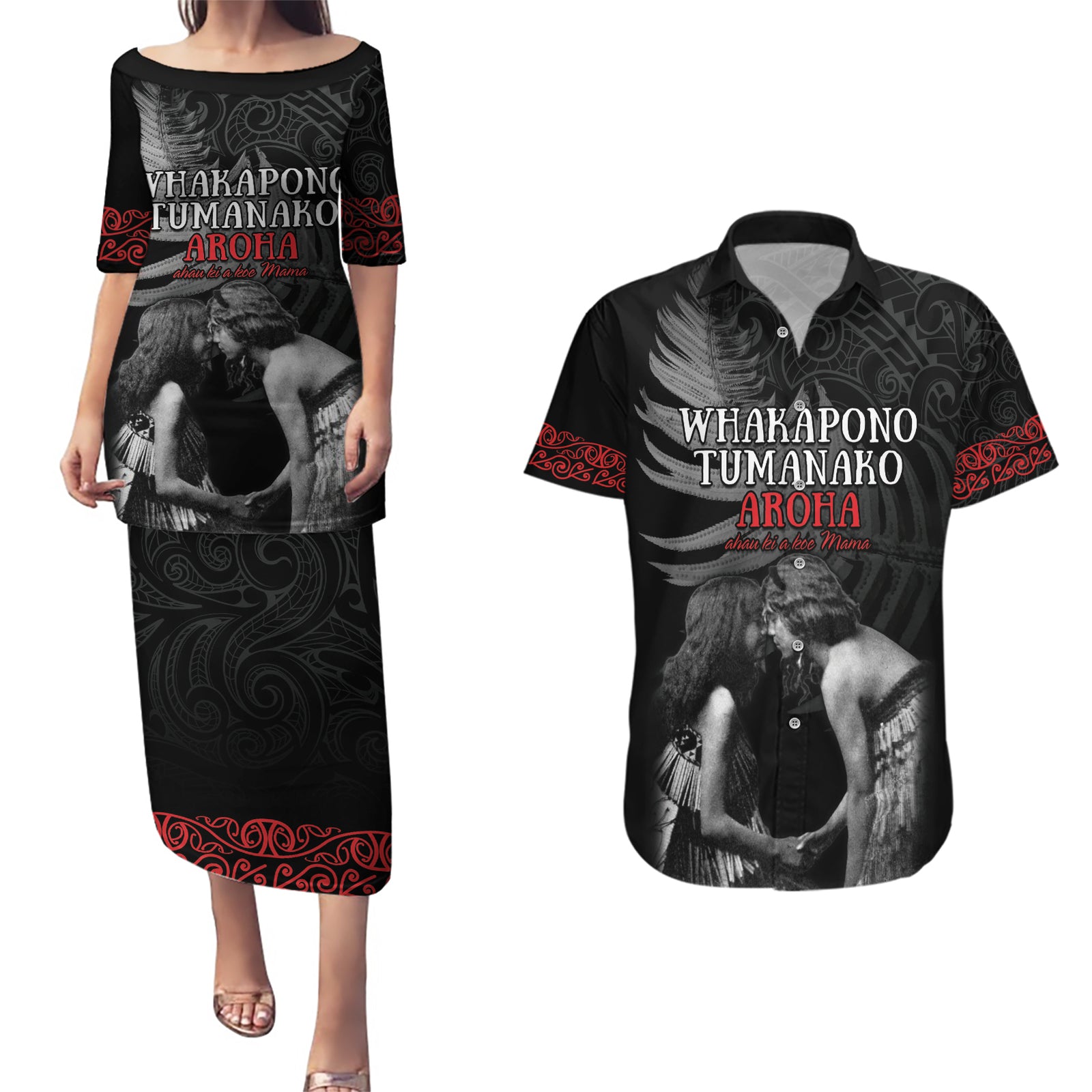 New Zealand Mother's Day Couples Matching Puletasi and Hawaiian Shirt Maori Hongi Aroha Ahau Ki A Koe Mama