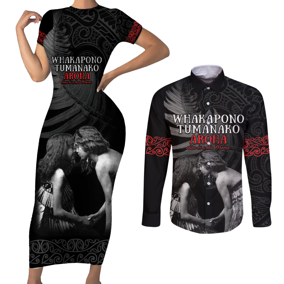 New Zealand Mother's Day Couples Matching Short Sleeve Bodycon Dress and Long Sleeve Button Shirt Maori Hongi Aroha Ahau Ki A Koe Mama