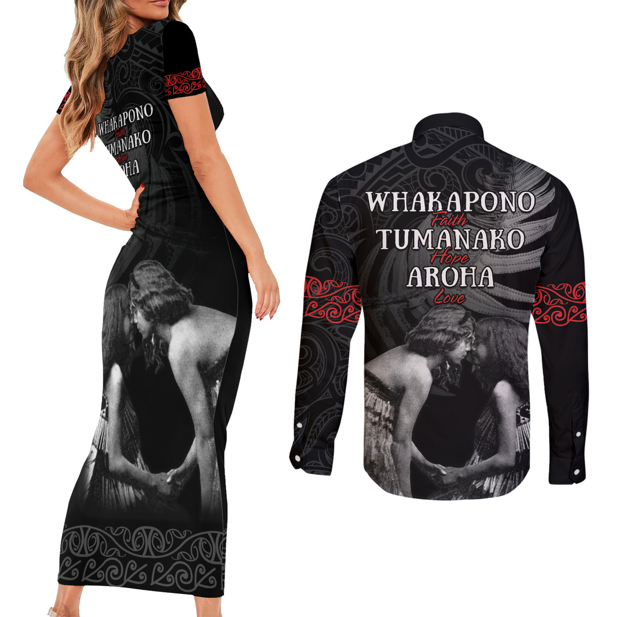 New Zealand Mother's Day Couples Matching Short Sleeve Bodycon Dress and Long Sleeve Button Shirt Maori Hongi Aroha Ahau Ki A Koe Mama