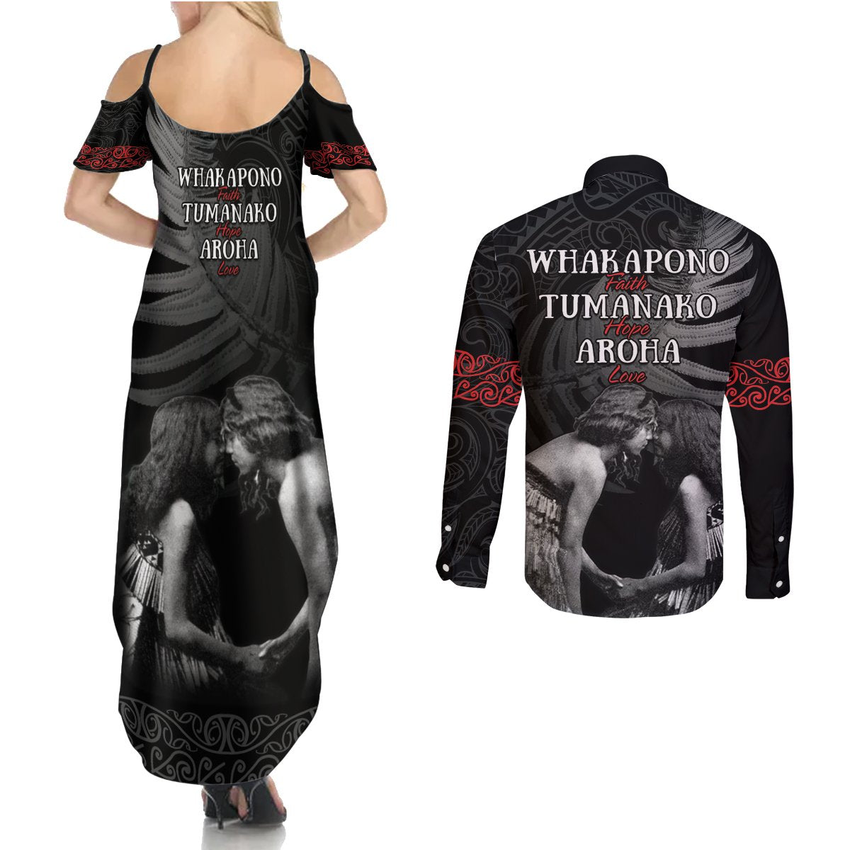 New Zealand Mother's Day Couples Matching Summer Maxi Dress and Long Sleeve Button Shirt Maori Hongi Aroha Ahau Ki A Koe Mama