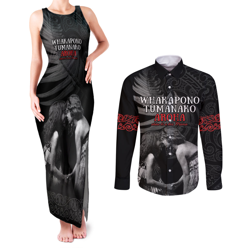 New Zealand Mother's Day Couples Matching Tank Maxi Dress and Long Sleeve Button Shirt Maori Hongi Aroha Ahau Ki A Koe Mama LT9 Black - Polynesian Pride