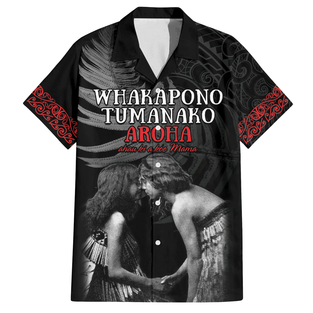 New Zealand Mother's Day Family Matching Tank Maxi Dress and Hawaiian Shirt Maori Hongi Aroha Ahau Ki A Koe Mama LT9 Dad's Shirt - Short Sleeve Black - Polynesian Pride
