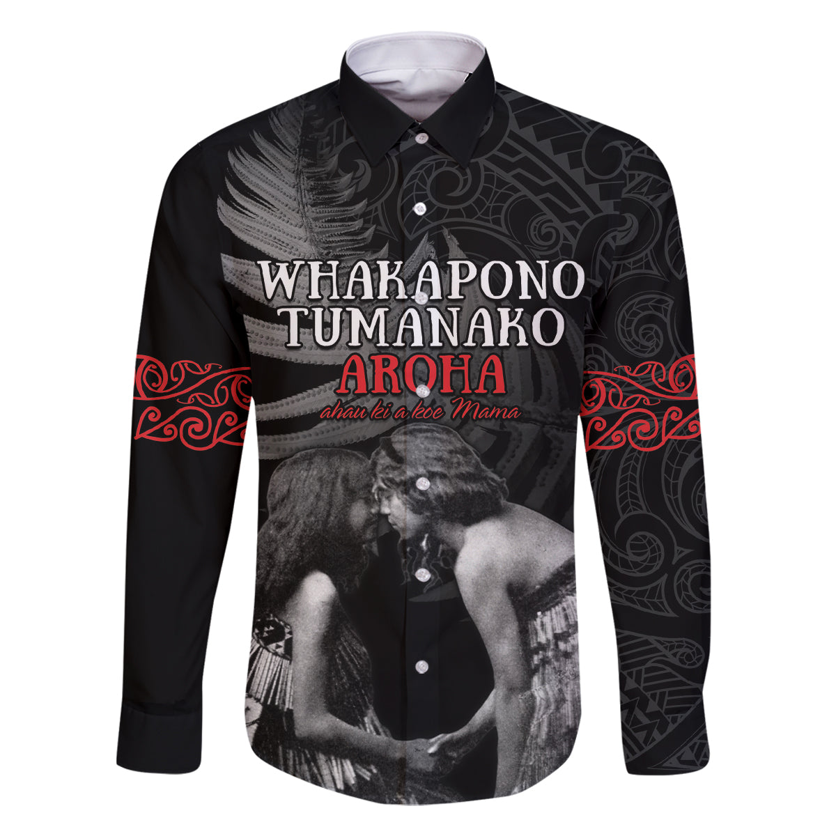 New Zealand Mother's Day Family Matching Tank Maxi Dress and Hawaiian Shirt Maori Hongi Aroha Ahau Ki A Koe Mama LT9 Dad's Shirt - Long Sleeve Black - Polynesian Pride