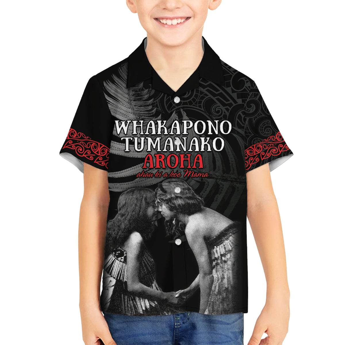 New Zealand Mother's Day Family Matching Tank Maxi Dress and Hawaiian Shirt Maori Hongi Aroha Ahau Ki A Koe Mama LT9 Son's Shirt Black - Polynesian Pride