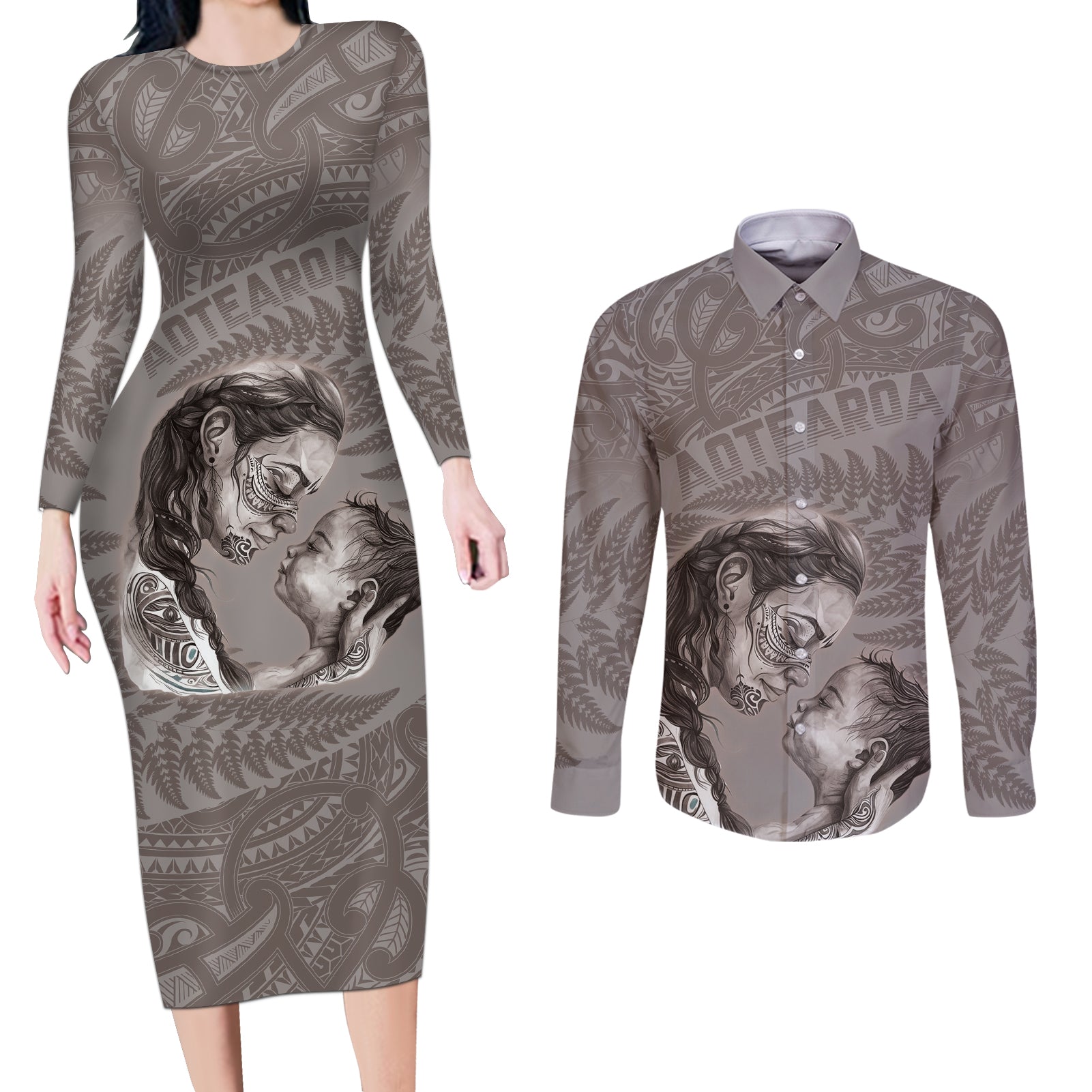 New Zealand Mother's Day Couples Matching Long Sleeve Bodycon Dress and Long Sleeve Button Shirt Maori Mo Toku Mama Silver Fern