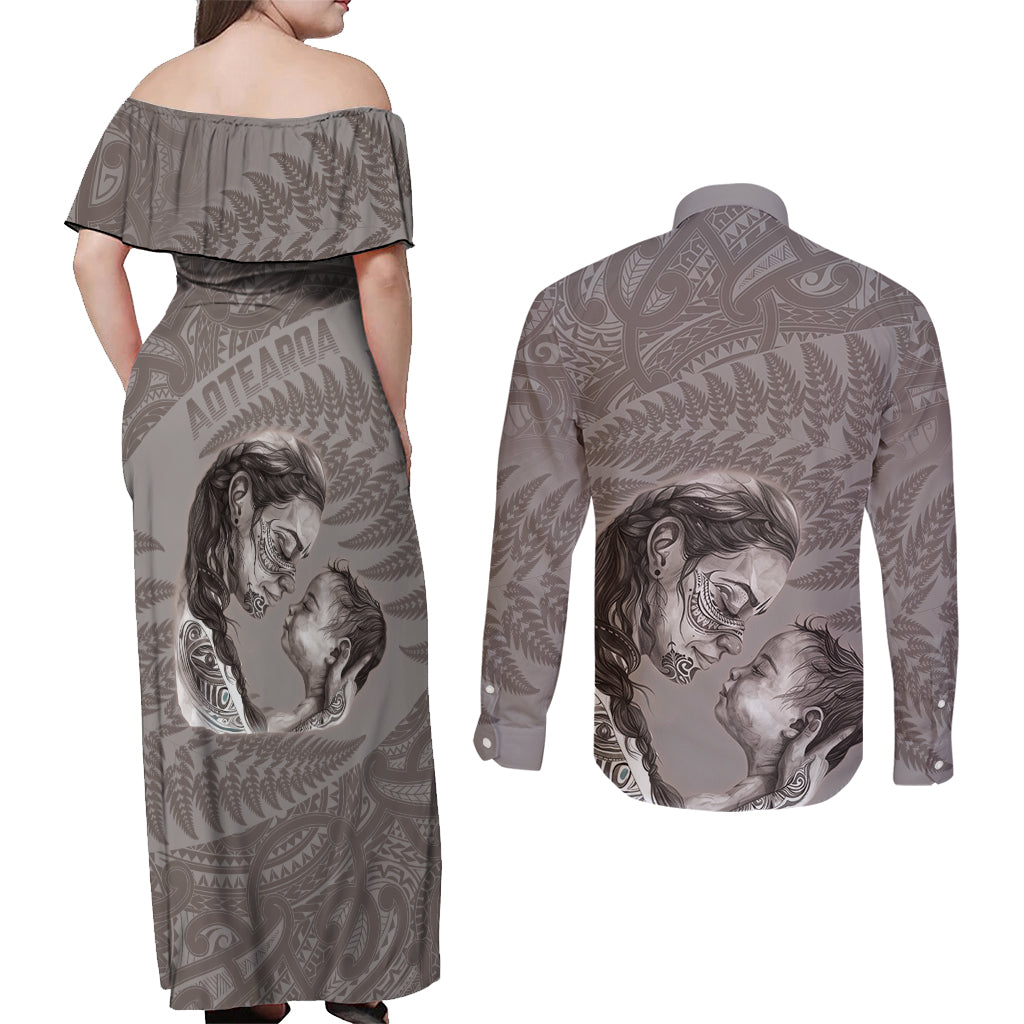 New Zealand Mother's Day Couples Matching Off Shoulder Maxi Dress and Long Sleeve Button Shirt Maori Mo Toku Mama Silver Fern