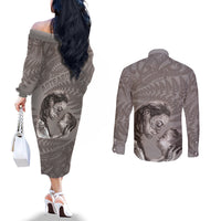 New Zealand Mother's Day Couples Matching Off The Shoulder Long Sleeve Dress and Long Sleeve Button Shirt Maori Mo Toku Mama Silver Fern