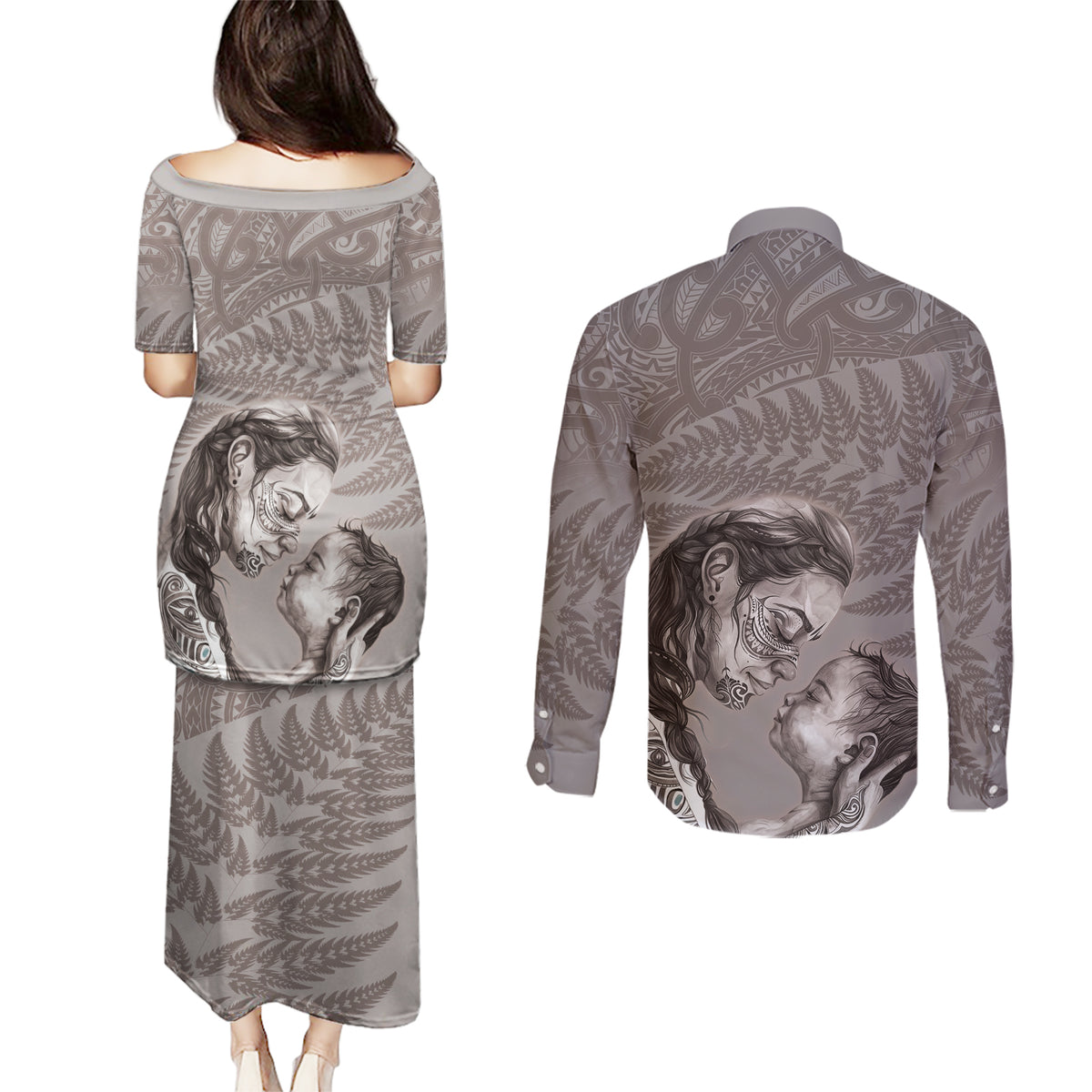 New Zealand Mother's Day Couples Matching Puletasi and Long Sleeve Button Shirt Maori Mo Toku Mama Silver Fern