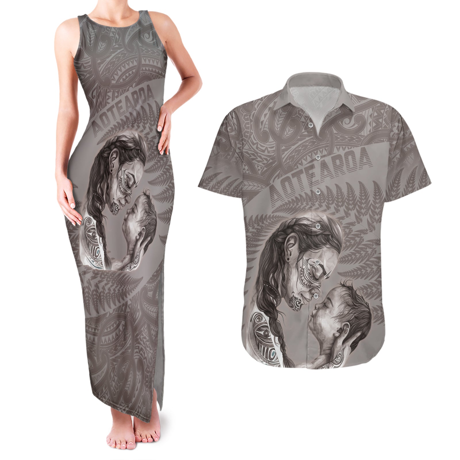 New Zealand Mother's Day Couples Matching Tank Maxi Dress and Hawaiian Shirt Maori Mo Toku Mama Silver Fern